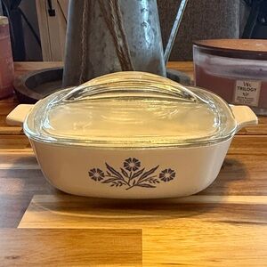 Corningware Cream Casserole with Blue Floral Pattern and Glass Lid